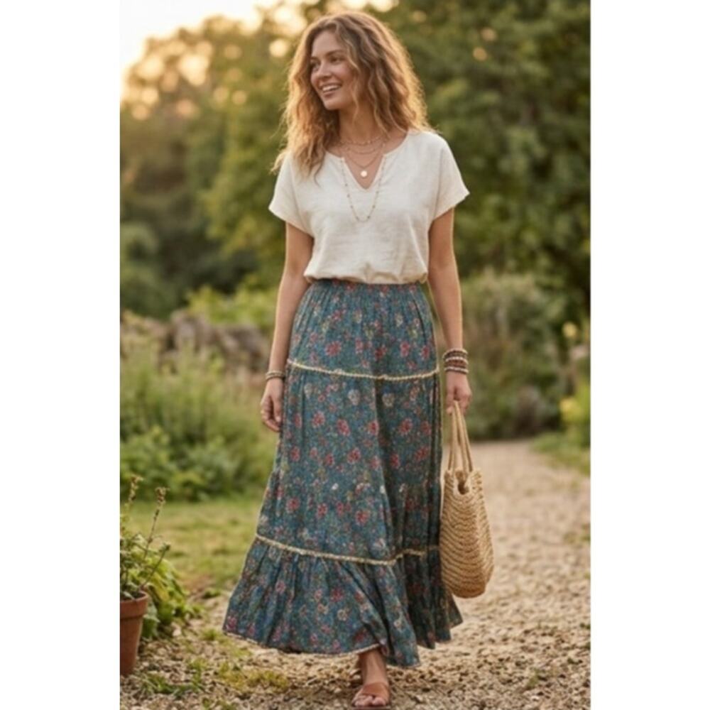 Natural Life Floral Tiered Rayon Maxi Skirt Gold Metallic Trim Boho Flowy EUC S